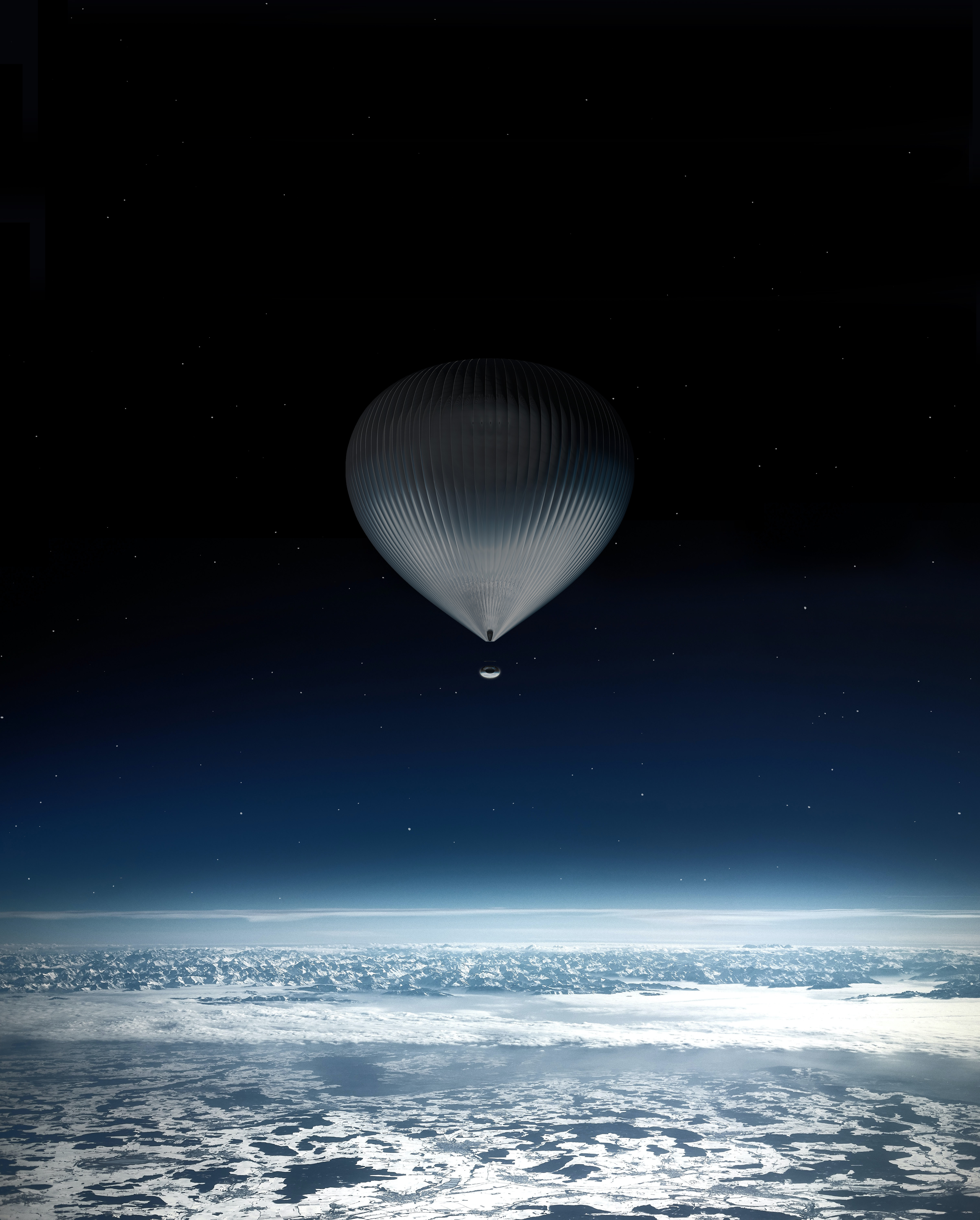 A large silver hot air balloon hovers above the earth's atmosphere in front of the blackness of space.