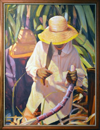 Painting of sugar cane worker with straw hat holding a knife to a cane