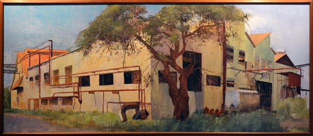 Painting of large mill with tree placed in front in the middle