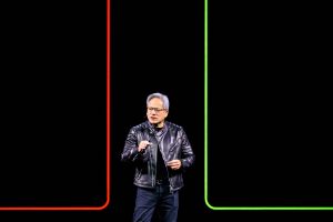 Man in black leather jacket stands in front of black screen with red and green lines