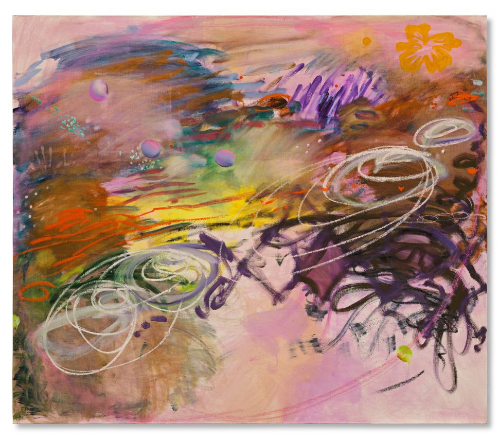 Emma McIntyre’s abstract painting Up bubbles her amorous breath (2022), with swirling pastel strokes, layered color fields, and gestural energy.