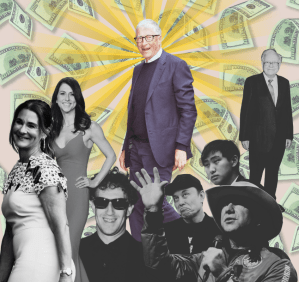 A stylized collage featuring Bill Gates at the center, radiating golden rays amid floating hundred-dollar bills. Around him stand other billionaire philanthropists—MacKenzie Scott, Melinda French Gates, Warren Buffett, Elon Musk, Jeff Bezos, Alexandr Wang, Evan Spiegel—rendered in desaturated or grayscale tones. The image captures the tension between glowing public generosity and the more opaque structures of modern wealth.