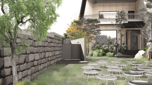 Entrance to Frieze House Seoul, with stone walls, landscaped garden, circular outdoor seating, and a modern façade designed by Samuso Hyoja, featuring site-specific work by SANAA.