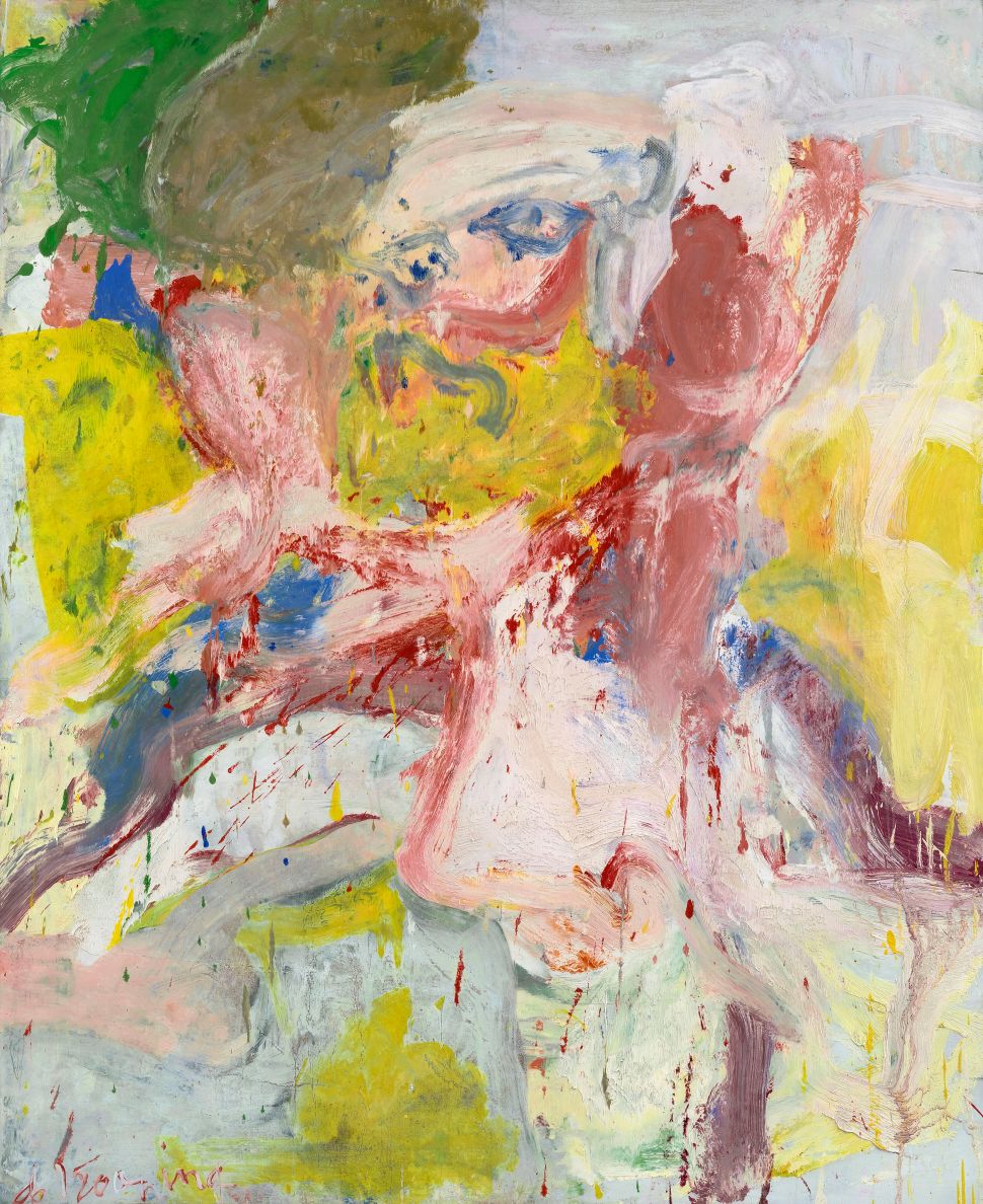 An abstract expressionist portrait of a man, depicted in bold brushstrokes with a range of colors, showing fragmented facial features and an ambiguous figure.
