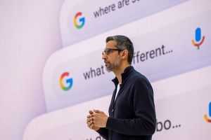 Google CEO Sundar Pichai addresses the crowd