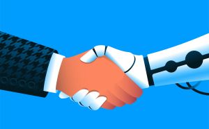 An illustration of a human hand and a robotic hand shaking